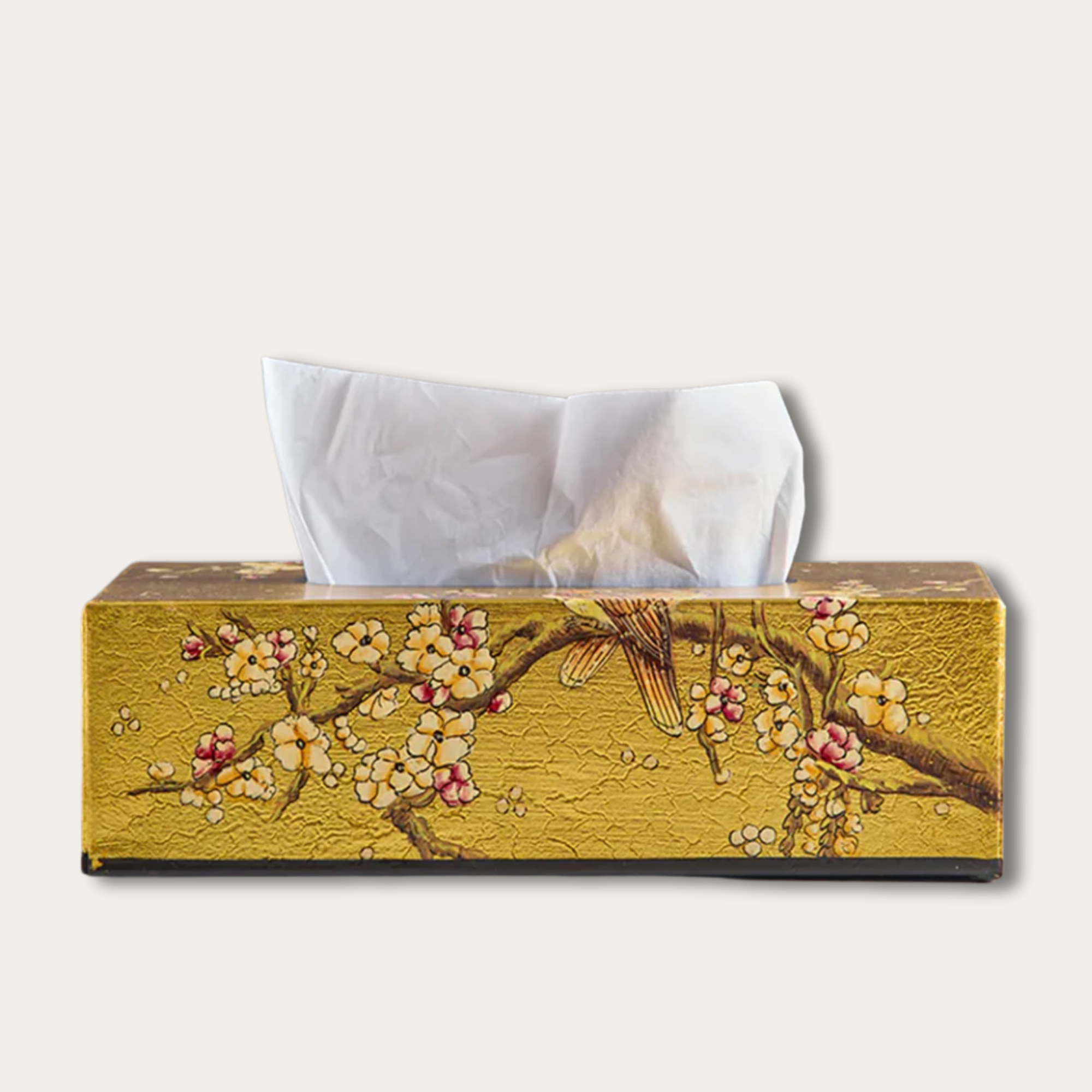Amora Bloom Tissue Box – Golden Songbird Blossom (Rectangular)