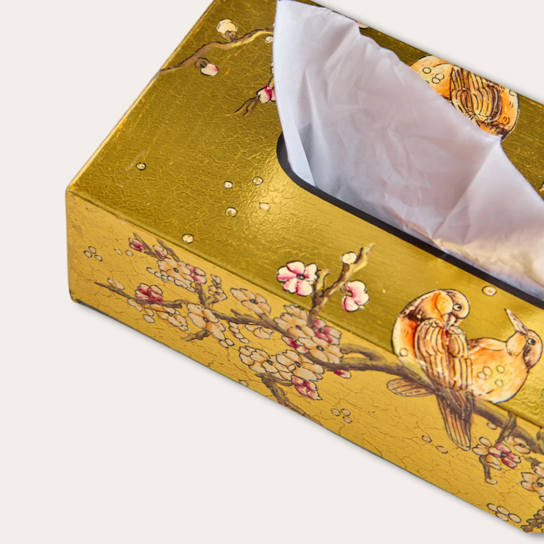 Amora Bloom Tissue Box – Golden Songbird Blossom (Rectangular)